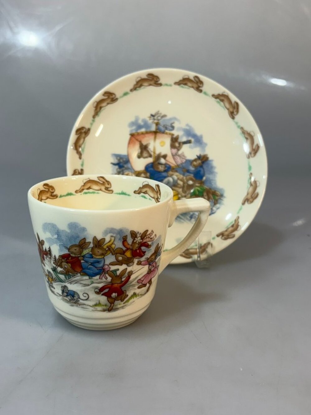 Royal Doulton Bunnykins Raft Scene Cup & Saucer Fine Bone China Vintage
